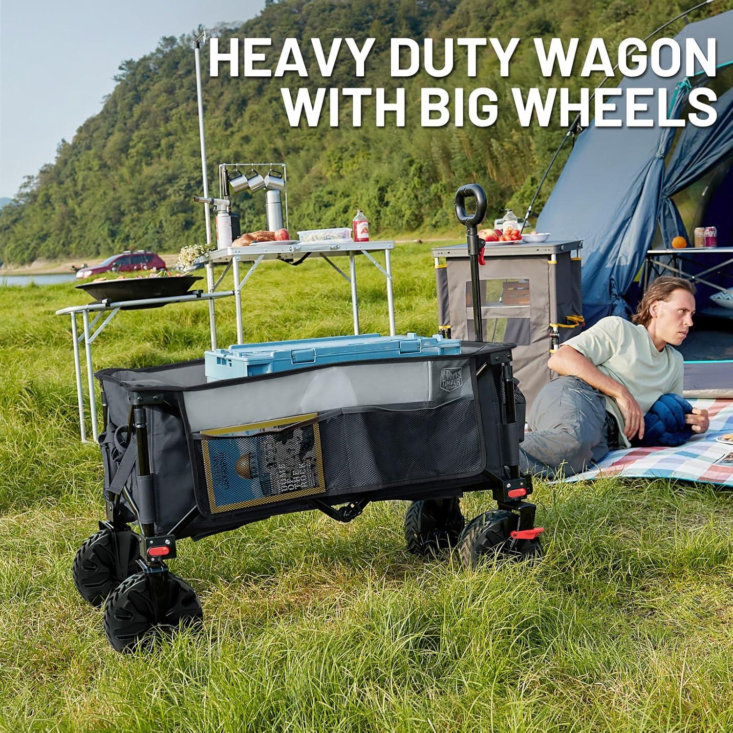 imageTimber Ridge Outdoor Collapsible Wagon with Brakes Utility Folding Cart Heavy Duty All Terrain Wheels for Shopping Camping Garden with Side Bag and Cup Holders GreyGray
