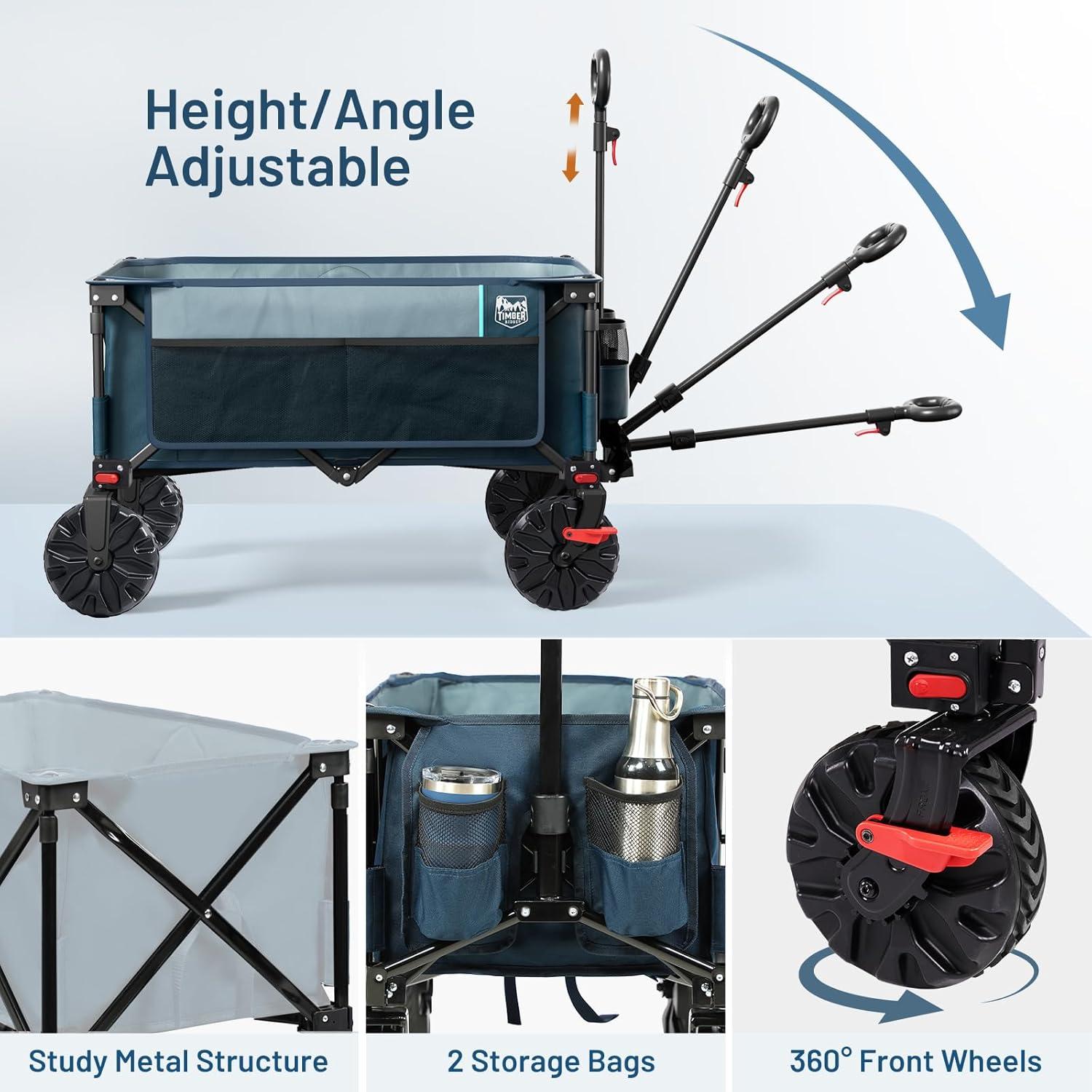 imageTimber Ridge Outdoor Collapsible Wagon with Brakes Utility Folding Cart Heavy Duty All Terrain Wheels for Shopping Camping Garden with Side Bag and Cup Holders GreyNavy