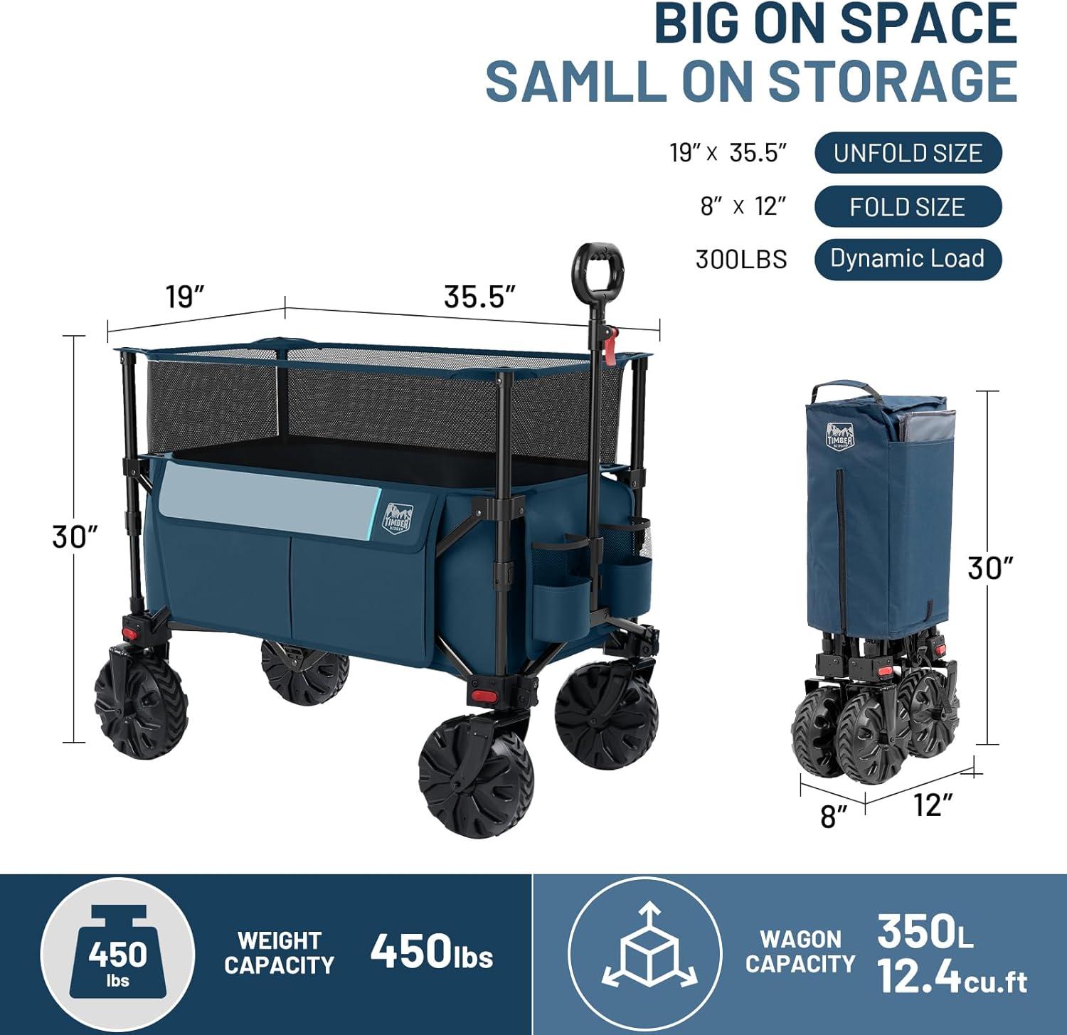imageTimber Ridge Outdoor Collapsible Wagon with Brakes Utility Folding Cart Heavy Duty All Terrain Wheels for Shopping Camping Garden with Side Bag and Cup Holders GreyNavy