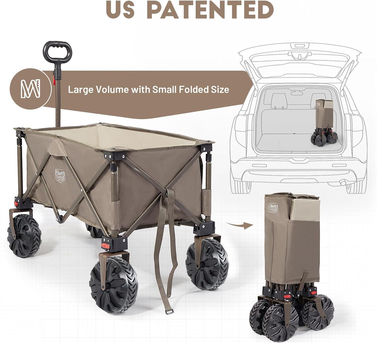 imageTimber Ridge Outdoor Collapsible Wagon with Brakes Utility Folding Cart Heavy Duty All Terrain Wheels for Shopping Camping Garden with Side Bag and Cup Holders GreyTan