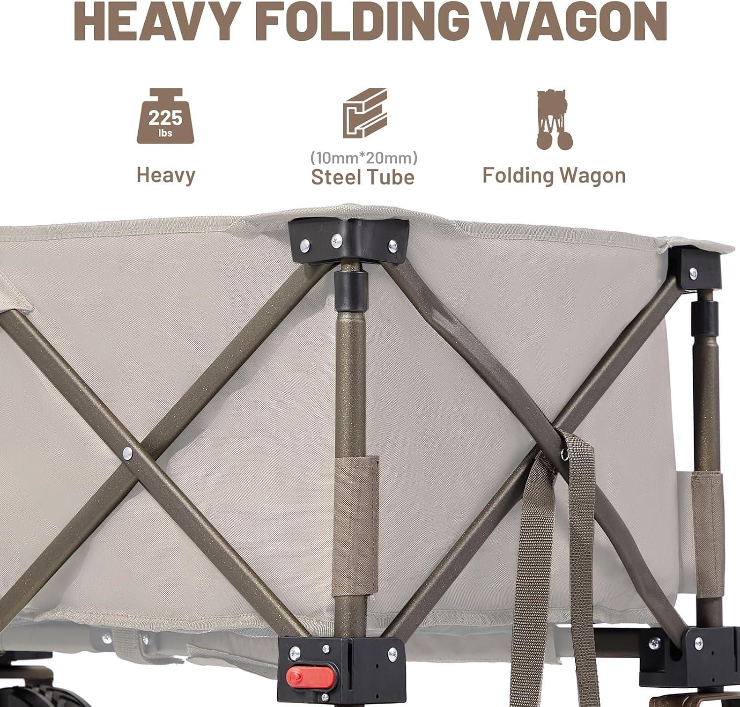 imageTimber Ridge Outdoor Collapsible Wagon with Brakes Utility Folding Cart Heavy Duty All Terrain Wheels for Shopping Camping Garden with Side Bag and Cup Holders GreyTan