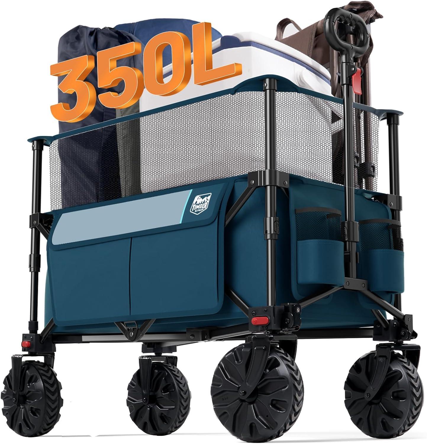 imageTimber Ridge Outdoor Collapsible Wagon with Brakes Utility Folding Cart Heavy Duty All Terrain Wheels for Shopping Camping Garden with Side Bag and Cup Holders GreyNavy