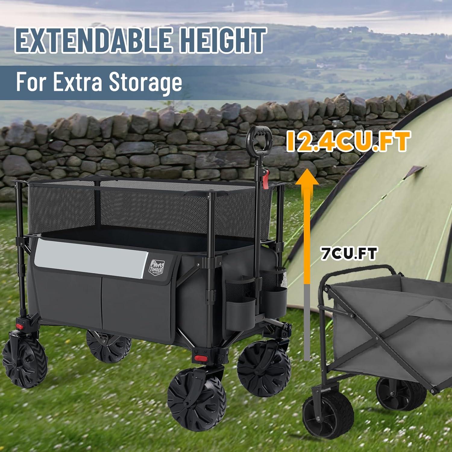 imageTimber Ridge Outdoor Collapsible Wagon with Brakes Utility Folding Cart Heavy Duty All Terrain Wheels for Shopping Camping Garden with Side Bag and Cup Holders GreyGray