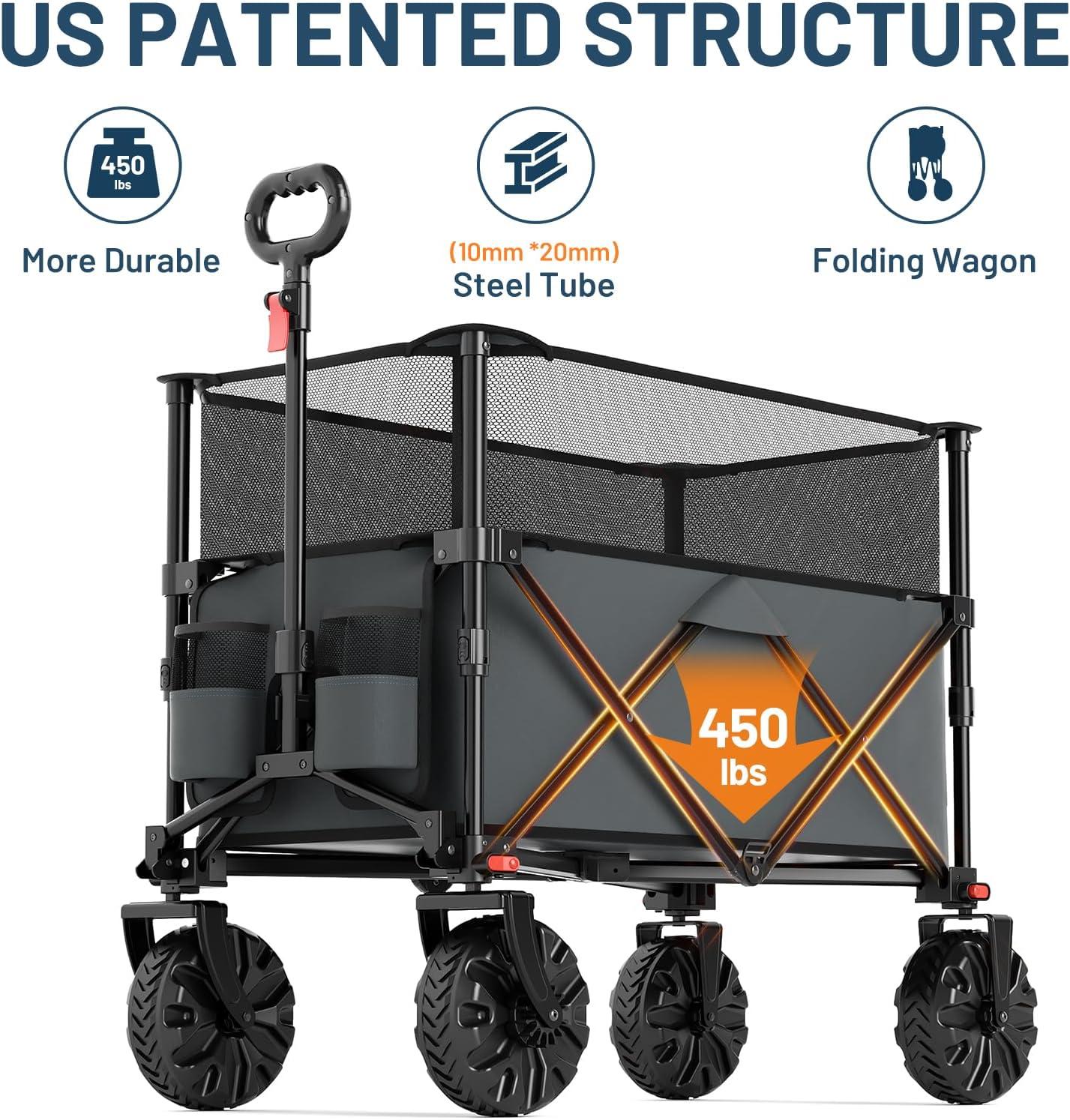 imageTimber Ridge Outdoor Collapsible Wagon with Brakes Utility Folding Cart Heavy Duty All Terrain Wheels for Shopping Camping Garden with Side Bag and Cup Holders GreyGray