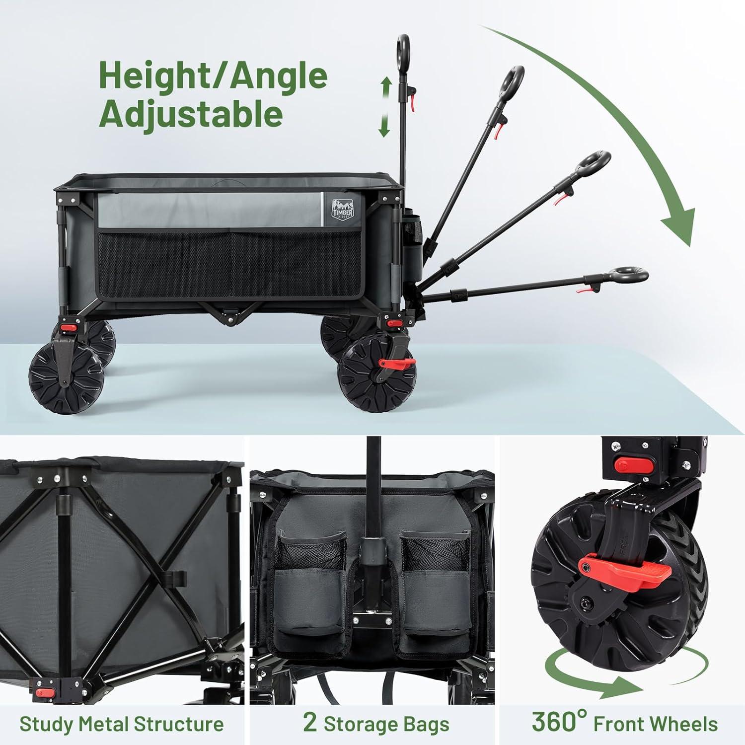 imageTimber Ridge Outdoor Collapsible Wagon with Brakes Utility Folding Cart Heavy Duty All Terrain Wheels for Shopping Camping Garden with Side Bag and Cup Holders GreyGray
