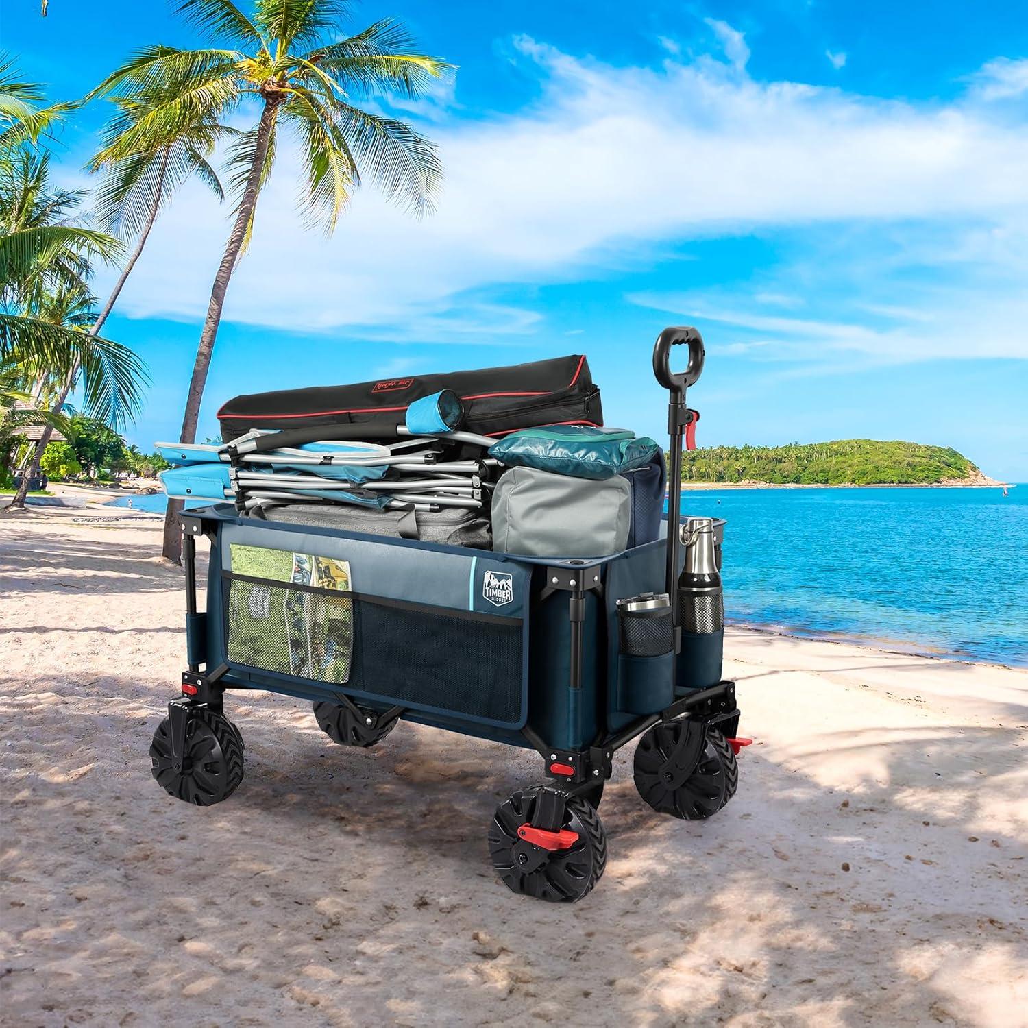 imageTimber Ridge Outdoor Collapsible Wagon with Brakes Utility Folding Cart Heavy Duty All Terrain Wheels for Shopping Camping Garden with Side Bag and Cup Holders GreyNavy