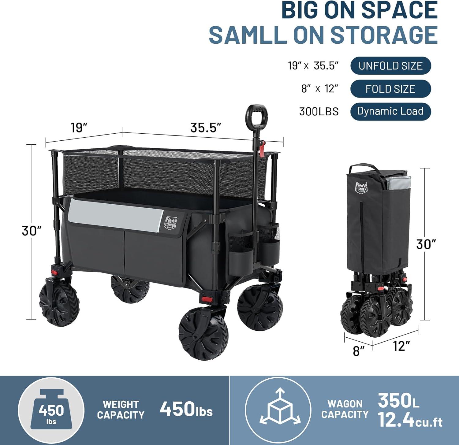 imageTimber Ridge Outdoor Collapsible Wagon with Brakes Utility Folding Cart Heavy Duty All Terrain Wheels for Shopping Camping Garden with Side Bag and Cup Holders GreyGray