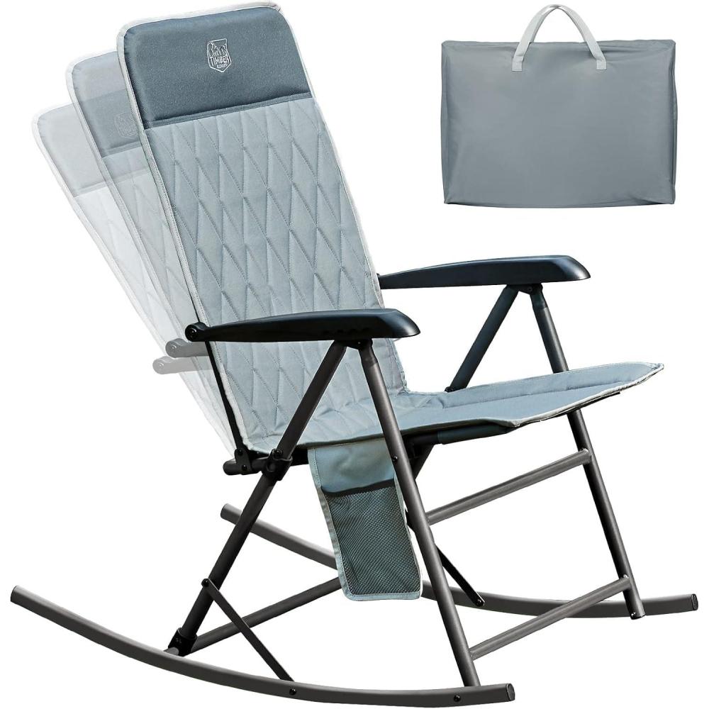 imageTIMBER RIDGE 3Level Adjustable Rocking Camping Chair Padded High Back Outdoor Rocking Chair with Side Pocket Portable Folding Rocker for Adults Supports 300 LBS for Lawn Patio PorchGrey1 Pack