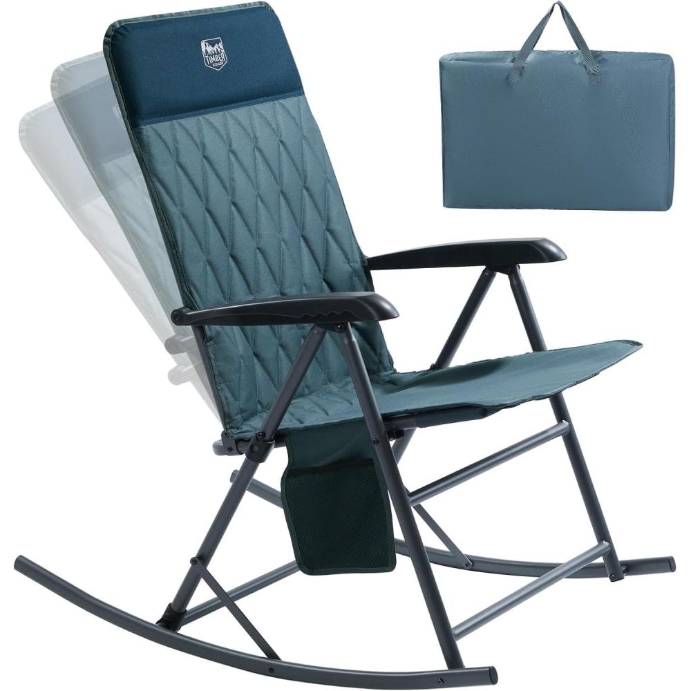 imageTIMBER RIDGE 3Level Adjustable Rocking Camping Chair Padded High Back Outdoor Rocking Chair with Side Pocket Portable Folding Rocker for Adults Supports 300 LBS for Lawn Patio PorchBlue1 Pack