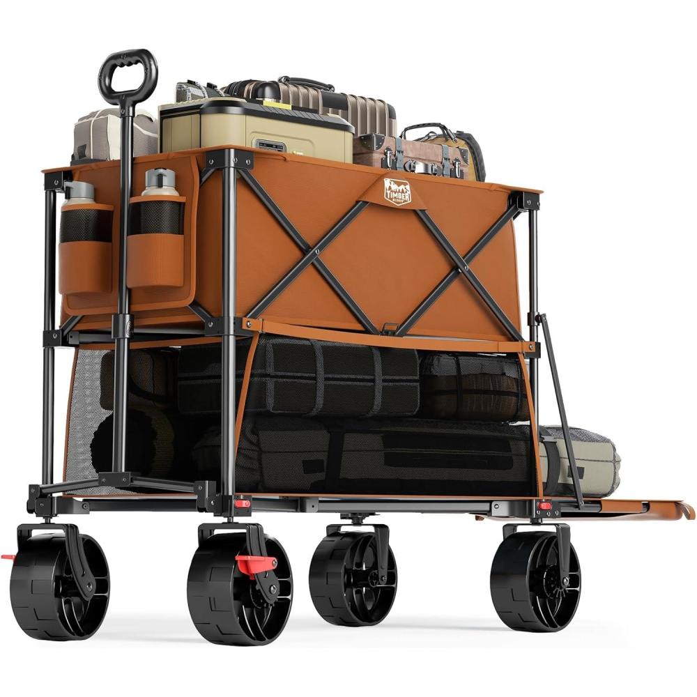 imageTIMBER RIDGE 400L Large Capacity Folding Double Decker Wagon with Brakes 54quot Extra Long Extender Wagon Cart 660lbs Heavy Duty Collapsible Cart AllTerrain Big Wheels for Camping Sports ShoppingOrange With Brakes