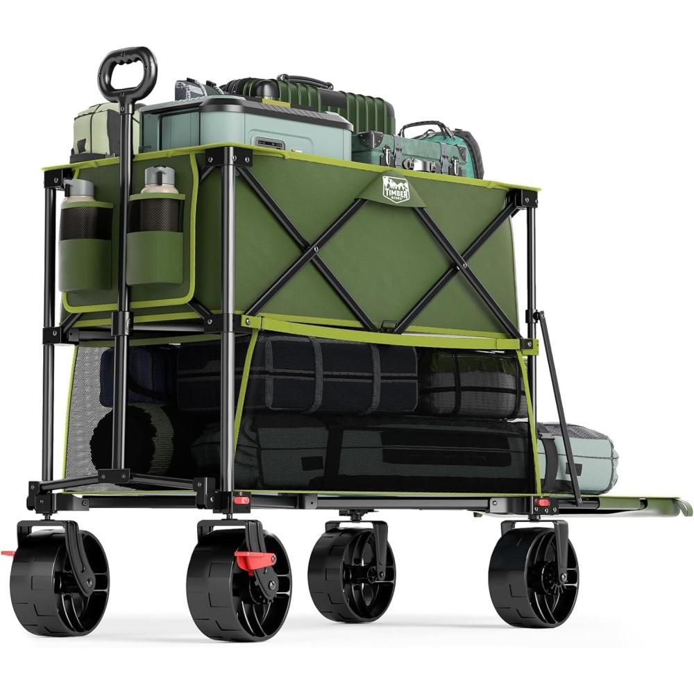 imageTIMBER RIDGE 400L Large Capacity Folding Double Decker Wagon with Brakes 54quot Extra Long Extender Wagon Cart 660lbs Heavy Duty Collapsible Cart AllTerrain Big Wheels for Camping Sports ShoppingGreen With Brakes