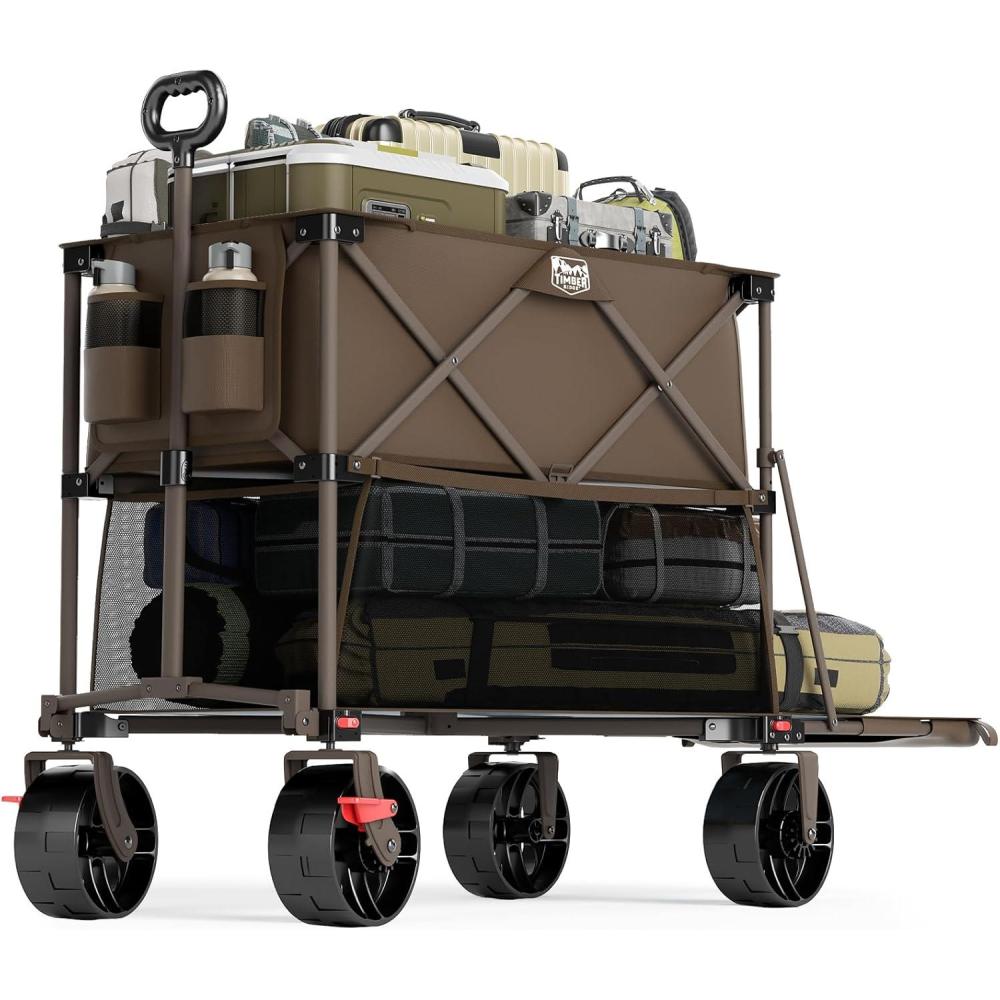 imageTIMBER RIDGE 400L Large Capacity Folding Double Decker Wagon with Brakes 54quot Extra Long Extender Wagon Cart 660lbs Heavy Duty Collapsible Cart AllTerrain Big Wheels for Camping Sports ShoppingTan With Brakes