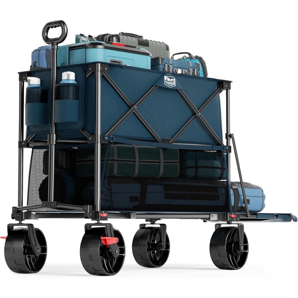 imageTIMBER RIDGE 400L Large Capacity Folding Double Decker Wagon with Brakes 54quot Extra Long Extender Wagon Cart 660lbs Heavy Duty Collapsible Cart AllTerrain Big Wheels for Camping Sports ShoppingBlue With Brakes