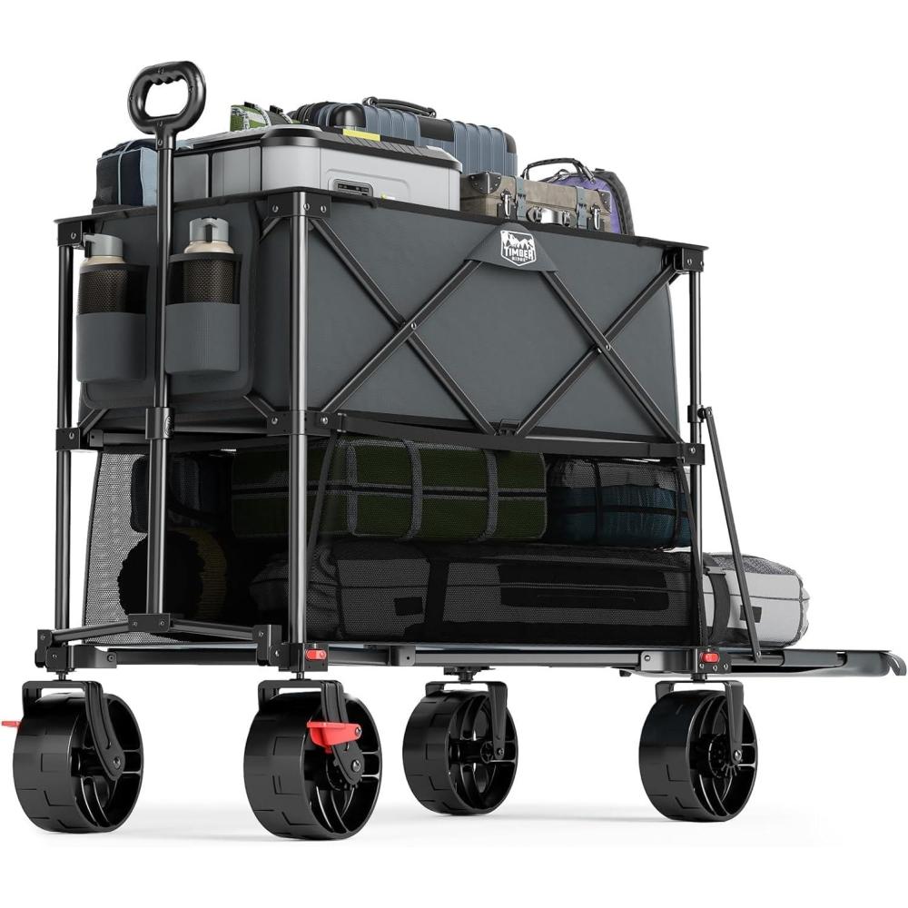 imageTIMBER RIDGE 400L Large Capacity Folding Double Decker Wagon with Brakes 54quot Extra Long Extender Wagon Cart 660lbs Heavy Duty Collapsible Cart AllTerrain Big Wheels for Camping Sports ShoppingGray With Brakes