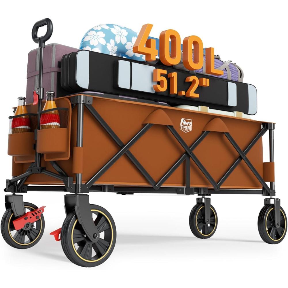 imageTIMBER RIDGE 512 Extended Collapsible Wagon Cart with Brakes and Cargo Net 350LBS Heavy Duty Foldable Utility Wagon with Adjustable Handle 400L Capacity Portable Cart for Camping Sports ShoppingOrange