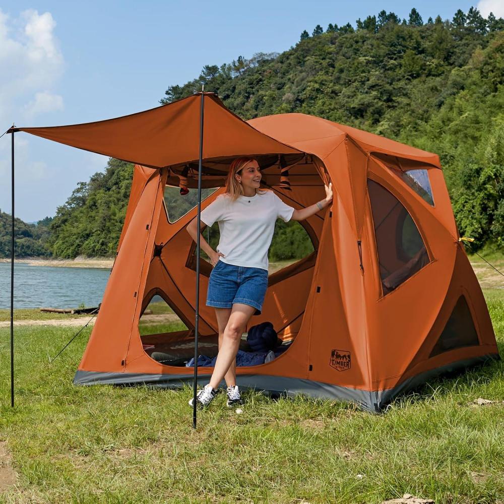 imageTIMBER RIDGE Instant Pop Up Hub Tent 4 Person Portable Weather Resistant Camping Tent 60 Second SetUp Easy Up Tents with Rain Fly and Carry Bag Orange