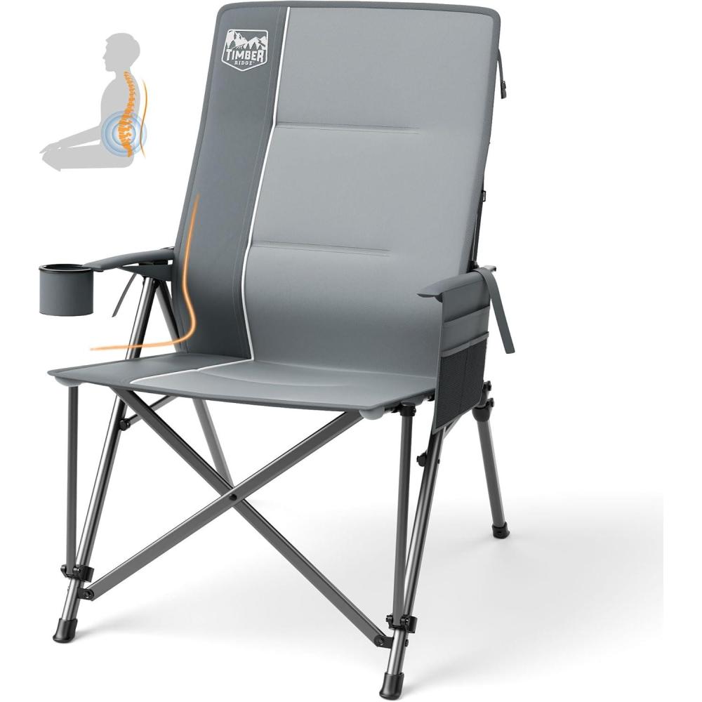 imageTIMBER RIDGE Oversized Camping Chair with Lumbar Support Portable Folding Chair Heavy Duty for Adults Supports 450 LBS for Outdoor Camping Lawn with High Back Cup Holder Side Pocket  BlueGrey