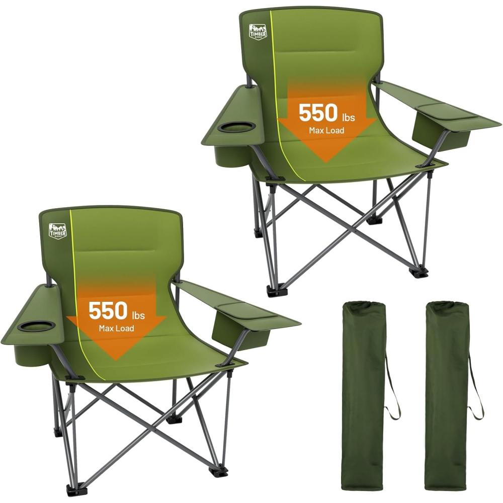 imageTIMBER RIDGE Oversized Folding Camping Chair for Adults Support 550 LBS Heavy Duty with Cup Holder Side Pocket for Camp Lawn Picnic Tan 2 PackGreen2 Pack