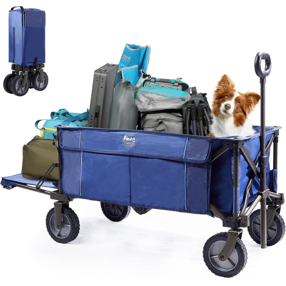 imageTIMBER RIDGE Tailgate Collapsible Folding Wagon Cart Heavy Duty Utility Push Pull Beach Wagon Foldable Outdoor Grocery Cart with Side Pockets for Camping Garden Shopping Holds 225 lbs Blue