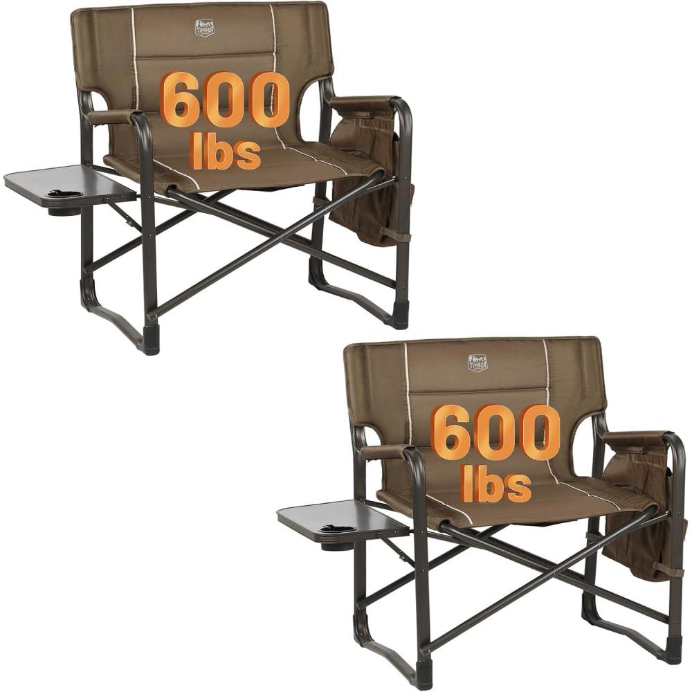 imageTIMBER RIDGE XXL Upgraded Oversized Directors Chairs with Foldable Side Table Detachable Side Pocket Heavy Duty Folding Camping Chair up to 600 Lbs Weight Capacity Grey Ideal Gift 2 PackBrown2 Pack