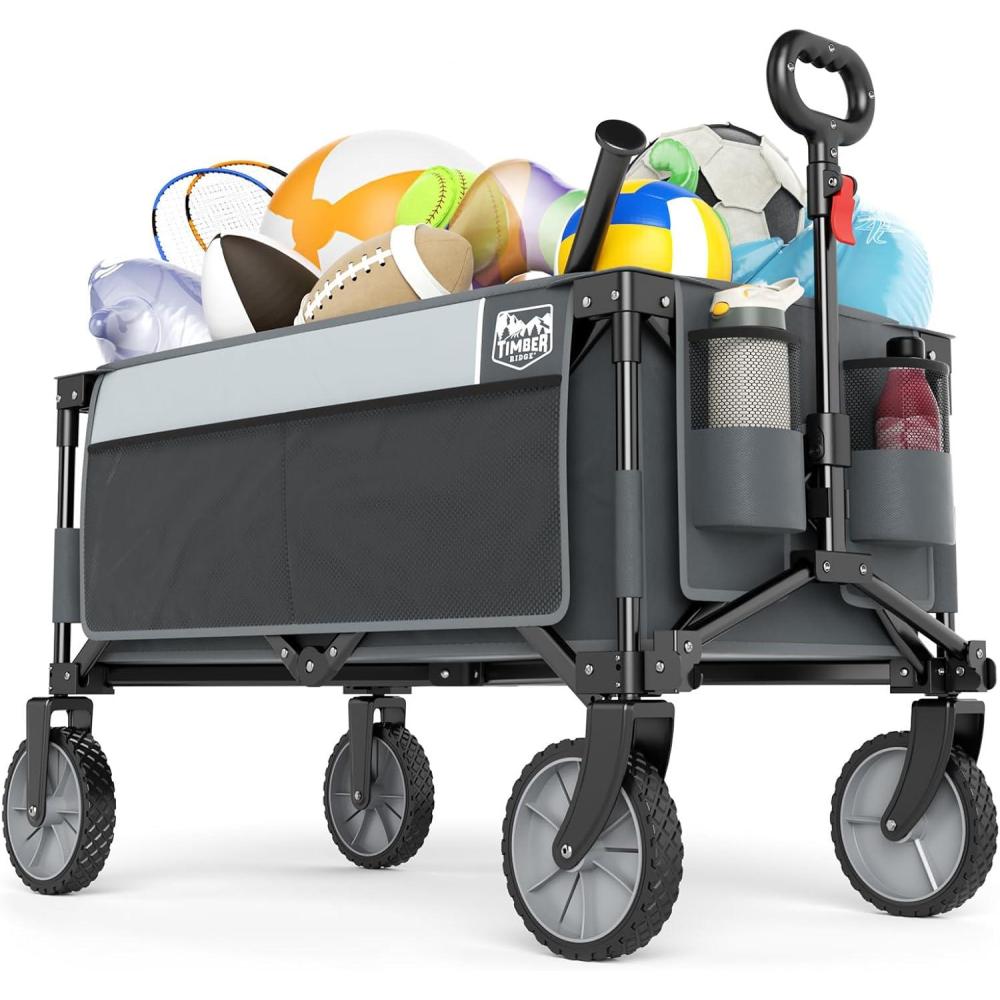 imageTimber Ridge 350L Extra Large Collapsible Folding Wagon Carts with Brake Heavy Duty Outdoor Camping Utility Wagons with Extended Height Adjustable Handle Cup Holders Side BagBlueGray