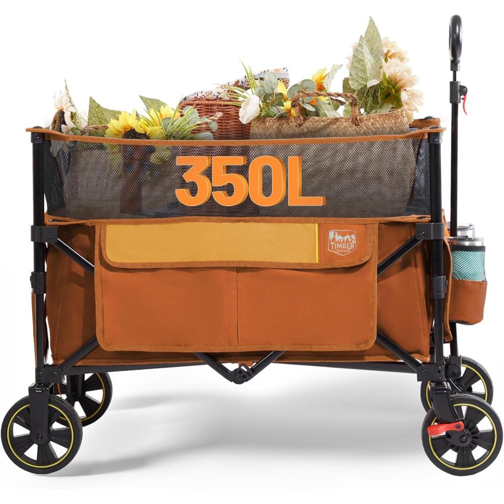 imageTimber Ridge 350L Extra Large Collapsible Folding Wagon Carts with Brake Heavy Duty Outdoor Camping Utility Wagons with Extended Height Adjustable Handle Cup Holders Side BagBlueOrange