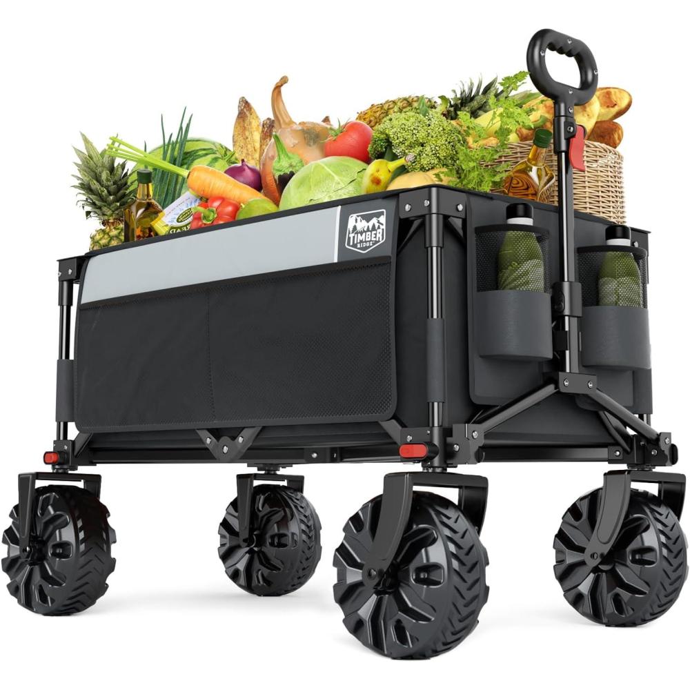 imageTimber Ridge Outdoor Collapsible Wagon with Brakes Utility Folding Cart Heavy Duty All Terrain Wheels for Shopping Camping Garden with Side Bag and Cup Holders GreyGray