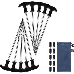 imageTIMBER RIDGE 10 Pack Tent Stakes Heavy Duty 8 Inch Ground Stakes NonRust Stainless Steel with Threaded ampamp Ergonomic Handles Camping Pegs for Camping Canopies Grassland Garden Patio HikingSilver