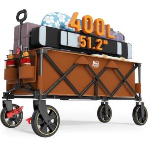 imageTIMBER RIDGE 512 Extended Collapsible Wagon Cart with Brakes and Cargo Net 350LBS Heavy Duty Foldable Utility Wagon with Adjustable Handle 400L Capacity Portable Cart for Camping Sports ShoppingOrange