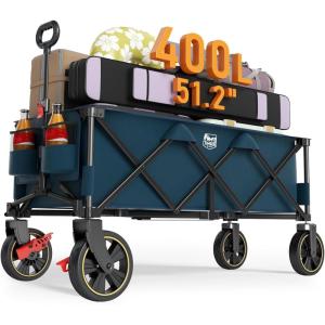 imageTIMBER RIDGE 512 Extended Collapsible Wagon Cart with Brakes and Cargo Net 350LBS Heavy Duty Foldable Utility Wagon with Adjustable Handle 400L Capacity Portable Cart for Camping Sports ShoppingBlue With Brake