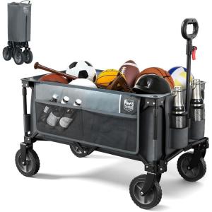 imageTIMBER RIDGE Collapsible Outdoor Folding Wagon Cart Heavy Duty Camping Patio Shopping Garden Cart with Side Bag Cup Holder GreyGray