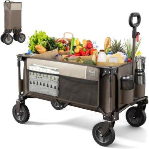 imageTIMBER RIDGE Collapsible Outdoor Folding Wagon Cart Heavy Duty Camping Patio Shopping Garden Cart with Side Bag Cup Holder GreyTan