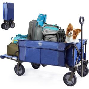 imageTIMBER RIDGE Tailgate Collapsible Folding Wagon Cart Heavy Duty Utility Push Pull Beach Wagon Foldable Outdoor Grocery Cart with Side Pockets for Camping Garden Shopping Holds 225 lbs Blue