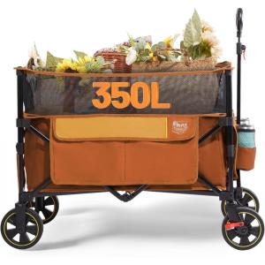 imageTimber Ridge 350L Extra Large Collapsible Folding Wagon Carts with Brake Heavy Duty Outdoor Camping Utility Wagons with Extended Height Adjustable Handle Cup Holders Side BagBlueOrange