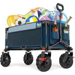 imageTimber Ridge Outdoor Collapsible Wagon with Brakes Utility Folding Cart Heavy Duty All Terrain Wheels for Shopping Camping Garden with Side Bag and Cup Holders GreyNavy