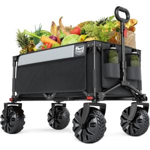 imageTimber Ridge Outdoor Collapsible Wagon with Brakes Utility Folding Cart Heavy Duty All Terrain Wheels for Shopping Camping Garden with Side Bag and Cup Holders GreyGray