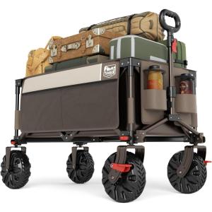 imageTimber Ridge Outdoor Collapsible Wagon with Brakes Utility Folding Cart Heavy Duty All Terrain Wheels for Shopping Camping Garden with Side Bag and Cup Holders GreyTan