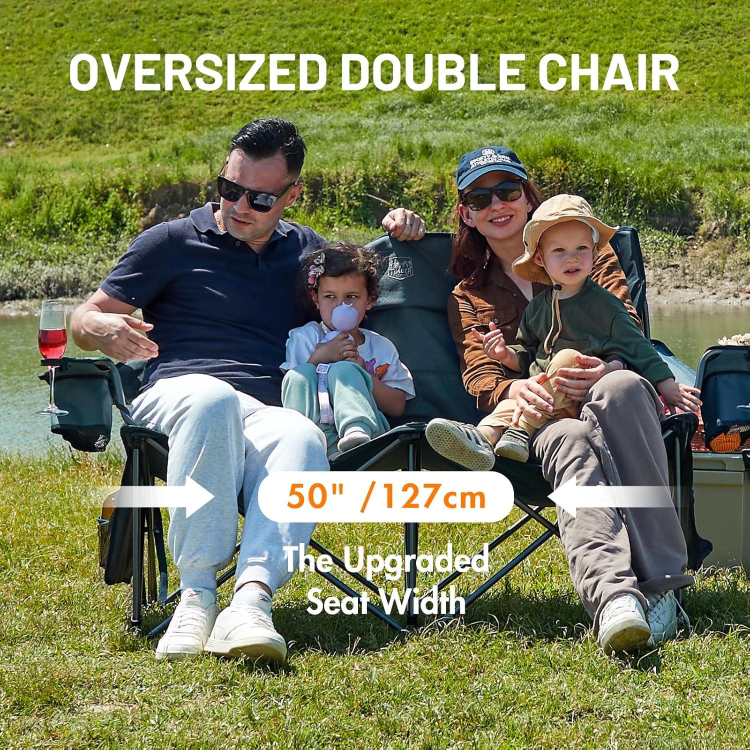 imageTIMBER RIDGE Oversized Double Camping Chairs Camping Couch 2 Person Camping Loveseat Double Folding Camp Chair with Wine Glass Holder Portable Chair for Outdoor Lawn Chairs Indoor Supports 600LBS