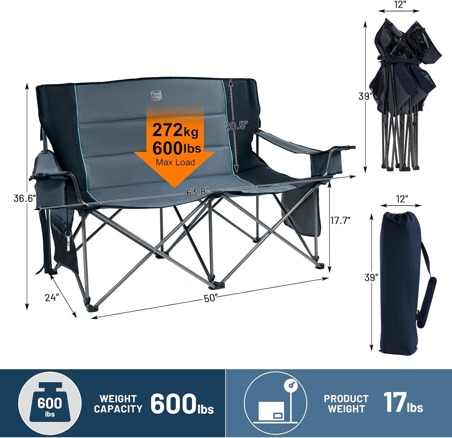 imageTIMBER RIDGE Oversized Double Camping Chairs Camping Couch 2 Person Camping Loveseat Double Folding Camp Chair with Wine Glass Holder Portable Chair for Outdoor Lawn Chairs Indoor Supports 600LBS