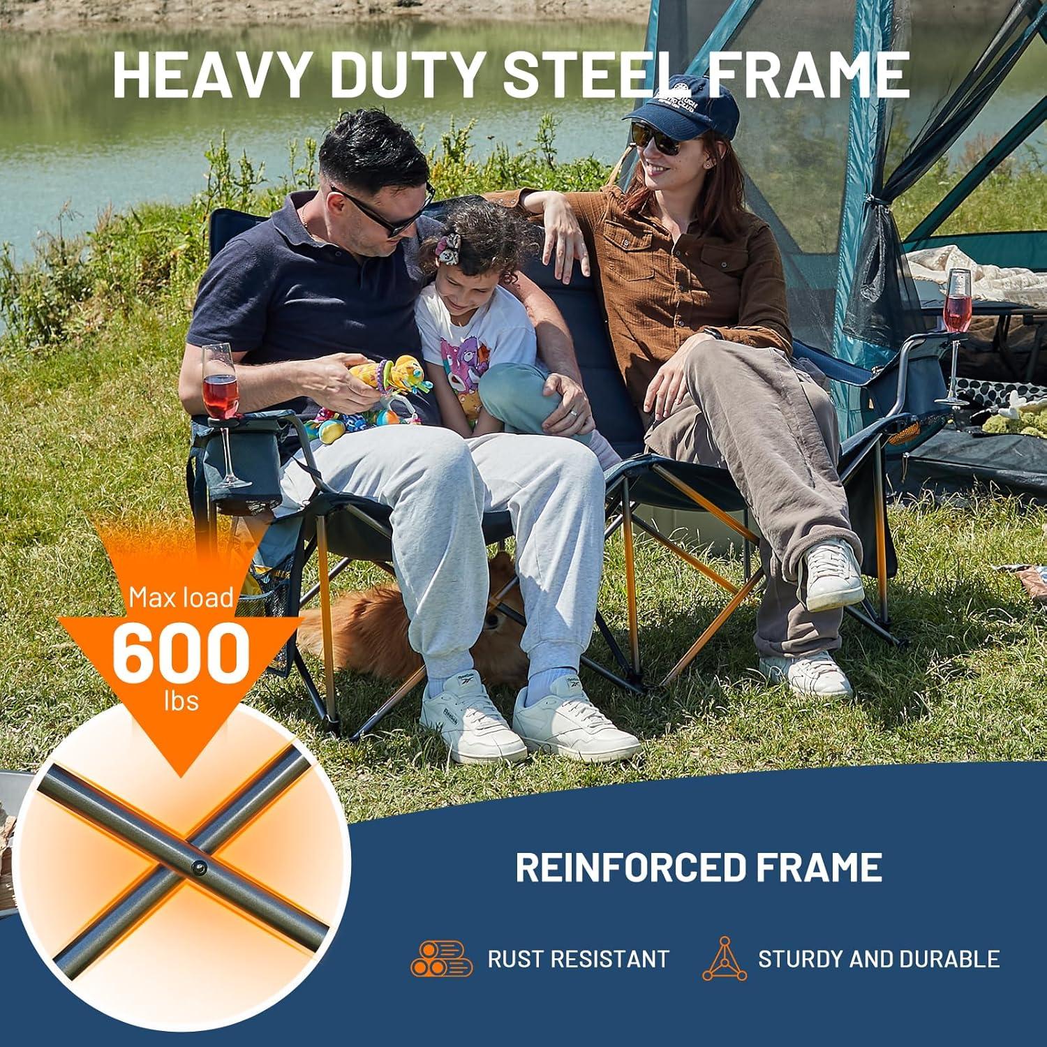 imageTIMBER RIDGE Oversized Double Camping Chairs Camping Couch 2 Person Camping Loveseat Double Folding Camp Chair with Wine Glass Holder Portable Chair for Outdoor Lawn Chairs Indoor Supports 600LBS