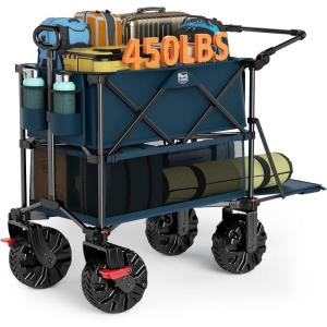 imageTIMBER RIDGE Push amp Pull Double Decker Wagon 400L Large Capacity Heavy Duty amp 450lb Load Collapsible Cart with AllTerrain Wheels amp Brakes 54 Extended Foldable for Sports Beach CampingBlueBlue