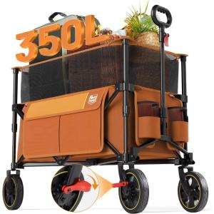 imageTimber Ridge 350L Extra Large Collapsible Folding Wagon Carts with Brake Heavy Duty Outdoor Camping Utility Wagons with Extended Height Adjustable Handle Cup Holders Side BagOrangeOrange