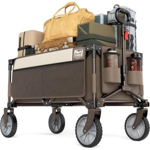 imageTimber Ridge 350L Extra Large Collapsible Folding Wagon Carts with Brake Heavy Duty Outdoor Camping Utility Wagons with Extended Height Adjustable Handle Cup Holders Side BagOrangeTan