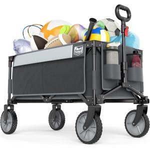 imageTimber Ridge 350L Extra Large Collapsible Folding Wagon Carts with Brake Heavy Duty Outdoor Camping Utility Wagons with Extended Height Adjustable Handle Cup Holders Side BagOrangeGray