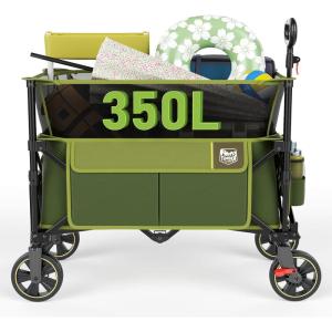 imageTimber Ridge 350L Extra Large Collapsible Folding Wagon Carts with Brake Heavy Duty Outdoor Camping Utility Wagons with Extended Height Adjustable Handle Cup Holders Side BagOrangeGreen